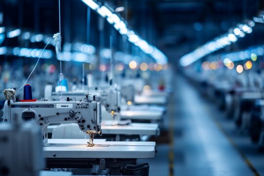 A textile factory with rows of sewing machines under bright lights An AI system is adjusting machine settings for optimal stitching The mood feels smooth, Generative AI