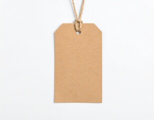A plain brown paper hanging tag with a twine string on a white background