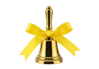 Golden bell with yellow ribbon bow isolated on black background perfect for celebration