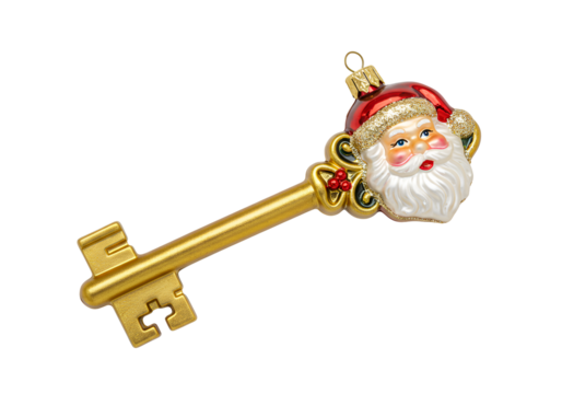 Golden Christmas Key Ornament Featuring Santa Claus Head Design for Holiday Decorations - Powered by Adobe