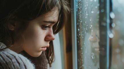 depressed young woman looking out window with rain on the glass seeing her mirror image