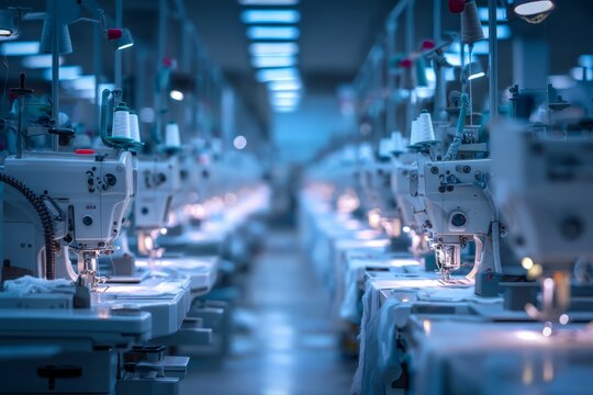 A textile factory with rows of sewing machines under bright lights An AI system is adjusting machine settings for optimal stitching The mood feels smooth, Generative AI