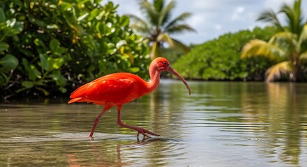 Stunning Scarlet Ibis wading through shallow water in a tropical environment with vibrant foliage