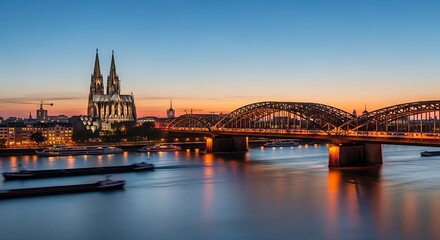 Fototapeta premium Sunset Over Cologne: A Captivating View of the Cathedral and Hohenzollern Bridge