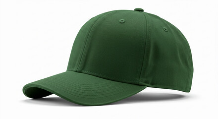 Fototapeta premium A plain green baseball cap is presented from a three-quarter angle on a white background, highlighting its curved brim and six-panel design
