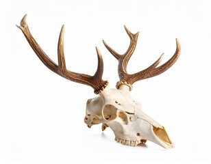 Fototapeta premium An angled deer skull with tall, branched antlers and smooth bone surface