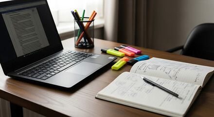 Obraz premium A laptop and notebook on a wooden desk with highlighters and pens ready for studying and working ai generated