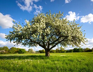 Obraz premium Blooming apple tree in a meadow under a vibrant blue sky