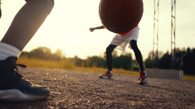 Feet of basketballers outdoor, skilled player bouncing ball, slow motion. Streetball match in summer day, two teenagers friends playing and training, active workout and fitness, do sport for health