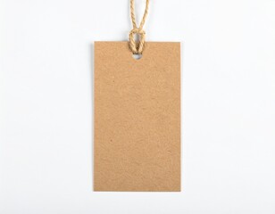 A plain brown paper tag with a twine loop, set against a white background