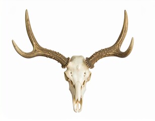 Naklejka premium A mounted deer skull with large, symmetrical antlers on a white background