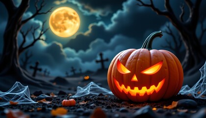 A spooky Halloween night scene with a jack o' lantern at the center, glowing in the moonlight amidst a setting of a haunted landscape with tombstone props and cobwebs.