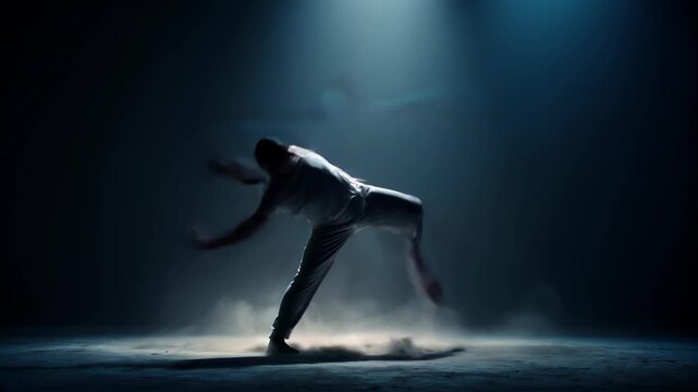 Absurd, destructive street dancer performs wildly in a dark, empty space under a single spotlight, blending chaos and motion in a surreal urban performance.