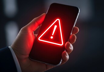 Person holding a smartphone with a red glowing warning sign