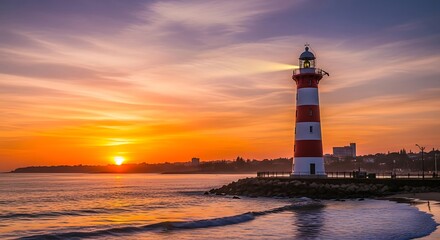 Spectacular sunset at the coast with lighthouse view and vibrant color gradient