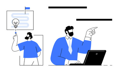Professional analyzing data on a laptop while a colleague brainstorms with a lightbulb diagram. Ideal for business, teamwork, collaboration, strategy, planning, brainstorming, productivity. Clean