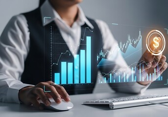 Businesswoman analyzing financial data on a digital interface with charts