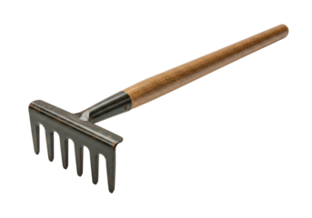 Handheld gardening rake with wooden handle and metal tines for soil cultivation and garden