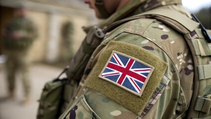 Close-up of British Army soldier's uniform detail; Union Jack flag patch on camouflage tactical vest.