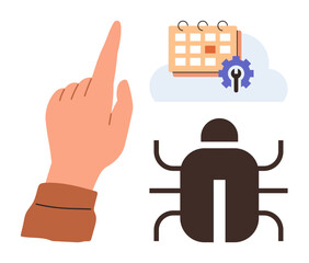 Hand pointing to cloud-based schedule with gear icon and bug symbol for error detection. Ideal for planning, debugging, teamwork, problem-solving, tech automation, goal setting, simple flat metaphor