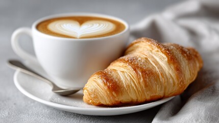 Freshly baked croissant and cappuccino with latte art heart shape served on white plate for breakfast