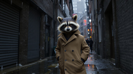 Raccoon in Trench Coat in City Alleyway