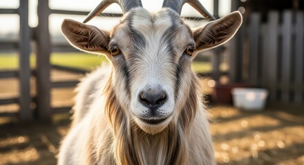 Fototapeta premium Close-up Portrait of a Farm Goat with Horns