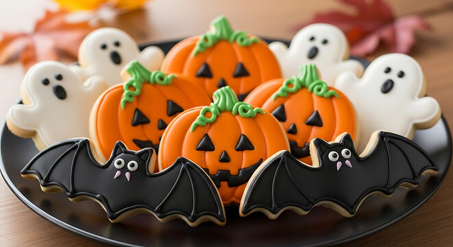 A black plate filled with halloween themed sugar cookies shaped as bats pumpkins and ghosts ai generated