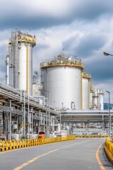 Obraz premium A chemical processing plant with large storage tanks outside An AI monitor is regulating mixing times and temperatures The mood feels careful and controlled, Generative AI