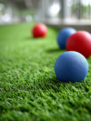 Naklejka premium Colorful balls on green artificial grass.