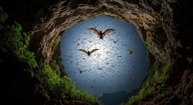 Dramatic Exodus: Thousands of Bats Emerging from a Cave at Dusk - Powered by Adobe