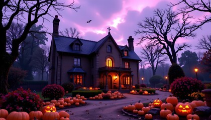 A charming Halloween themed night scene at a house adorned with numerous jack o' lanterns and festive lights.