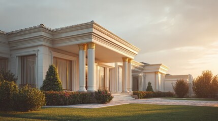 Elegant Mediterranean Style Villa at Sunset Architectural Design Luxury Home Exterior