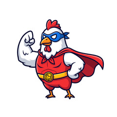 Strong Cartoon Superhero Chicken Character Flexing Bicep and Wearing a Cape