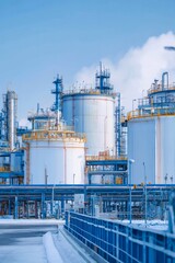 Obraz premium A chemical processing plant with large storage tanks outside An AI monitor is regulating mixing times and temperatures The mood feels careful and controlled, Generative AI