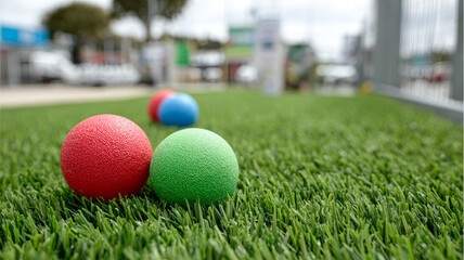 Naklejka premium Colorful bocce balls on green artificial lawn.