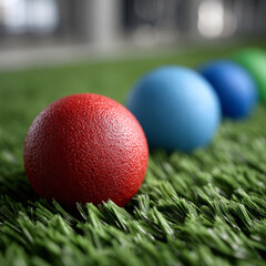 Naklejka premium Colorful balls on artificial grass with shallow depth of field