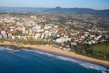 Wollongong's iconic North Beach, located an hour south of Sydney is a well known tourist destination. Captured from high above looking west towards the escarpment.