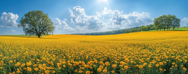 Vibrant yellow field of flowers in a scenic mountain landscape