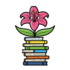 Creative Cartoon Pink Lily Flower Growing from a Stack of Books