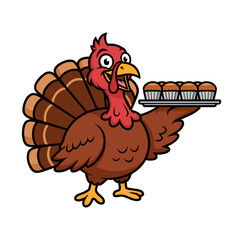 Happy Cartoon Turkey Presenting a Tray of Delicious Muffins