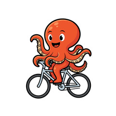 Cartoon Red Octopus Riding a Bicycle Vector Illustration