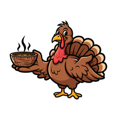 Cartoon Turkey Holding a Steaming Bowl of Hot Food Vector