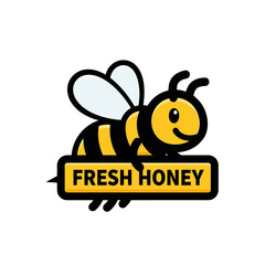 Cute Cartoon Bee Mascot Holding a Fresh Honey Sign Vector Illustration