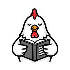 Cartoon White Chicken Reading a Book Vector Illustration