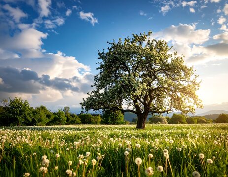 Blooming meadow at sunset