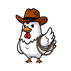 Cartoon Chicken Wearing Cowboy Hat Holding Lasso Wild West