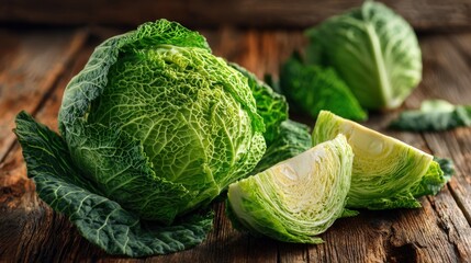 Fototapeta premium Fresh Green Savoy Cabbage on Rustic Wooden Table Healthy Vegetable Food