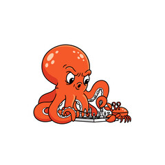 Angry Cartoon Orange Octopus Playing Chess Against Crab