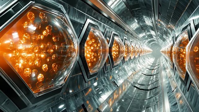 Futuristic tunnel with glowing hexagonal compartments